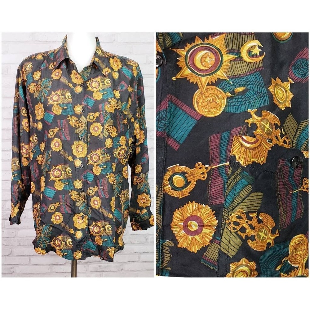 Vintage 80s navy blue silk blouse baroque medals ribbons print sz‎ M by Whistles - Picture 7 of 7